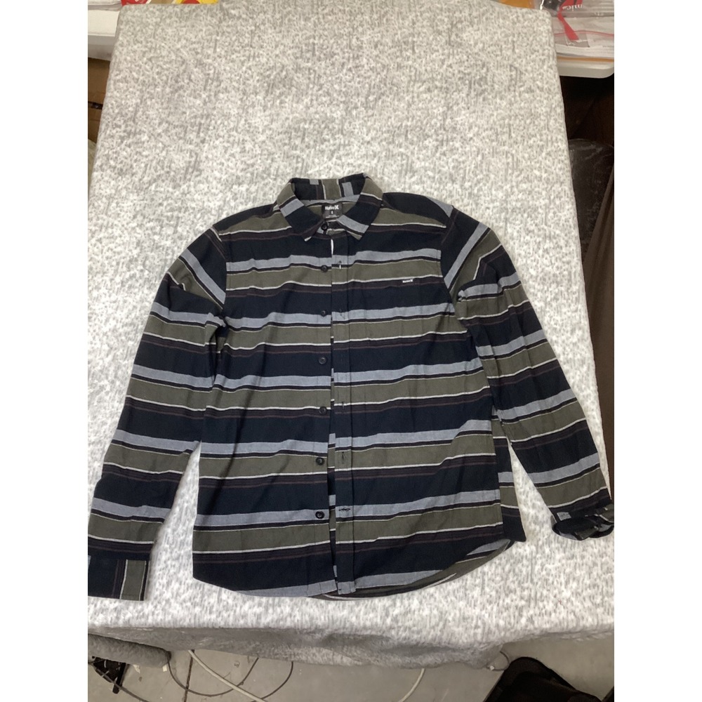 Hurley Mens Portland Stripe Stretch Flannel Shirt Black Olive Green Small NEW